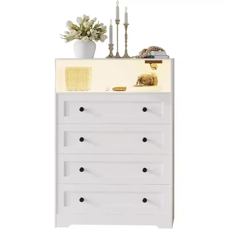 31.5" 4-Drawer Dresser with Charging Station & LED Lights — Narrow Storage Organizer