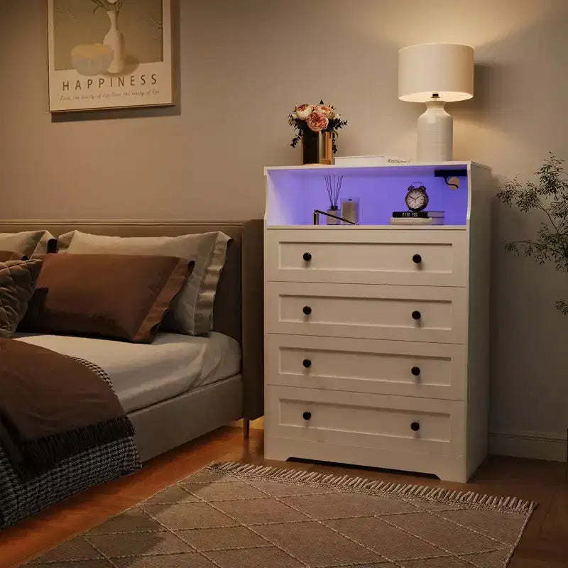 31.5" 4-Drawer Dresser with Charging Station & LED Lights — Narrow Storage Organizer