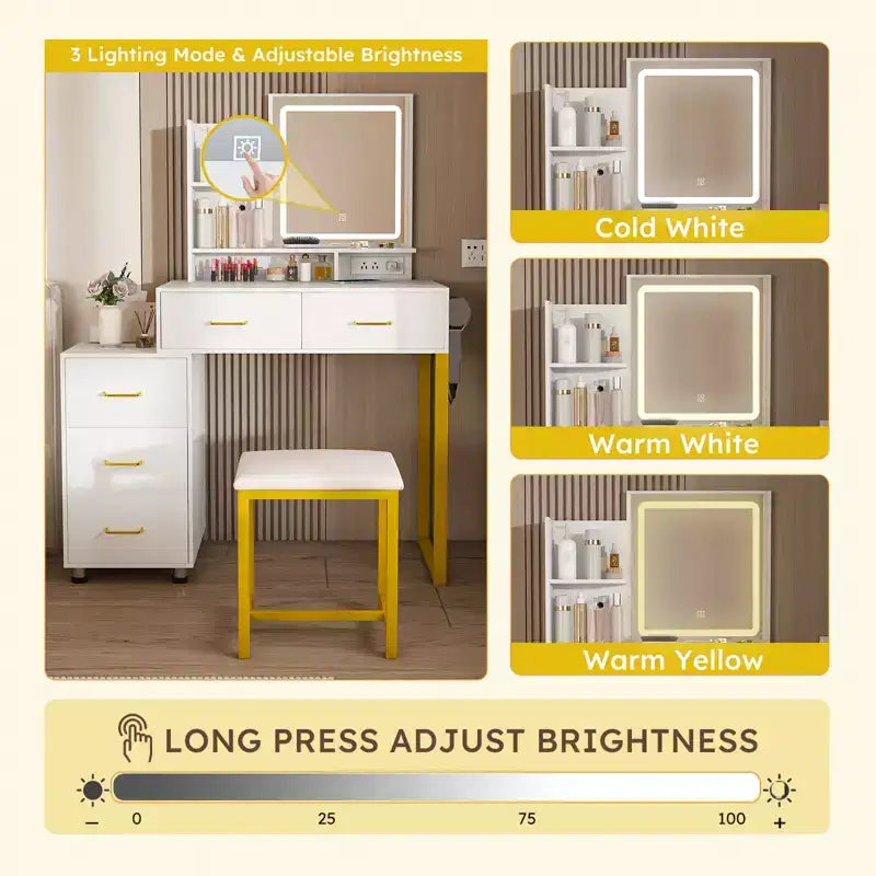 Coiffeuse de maquillage avec lumières LED 3 modes de couleur, table de toilette avec prise électrique, 5 tiroirs et chaise en métal pour chambre à coucher