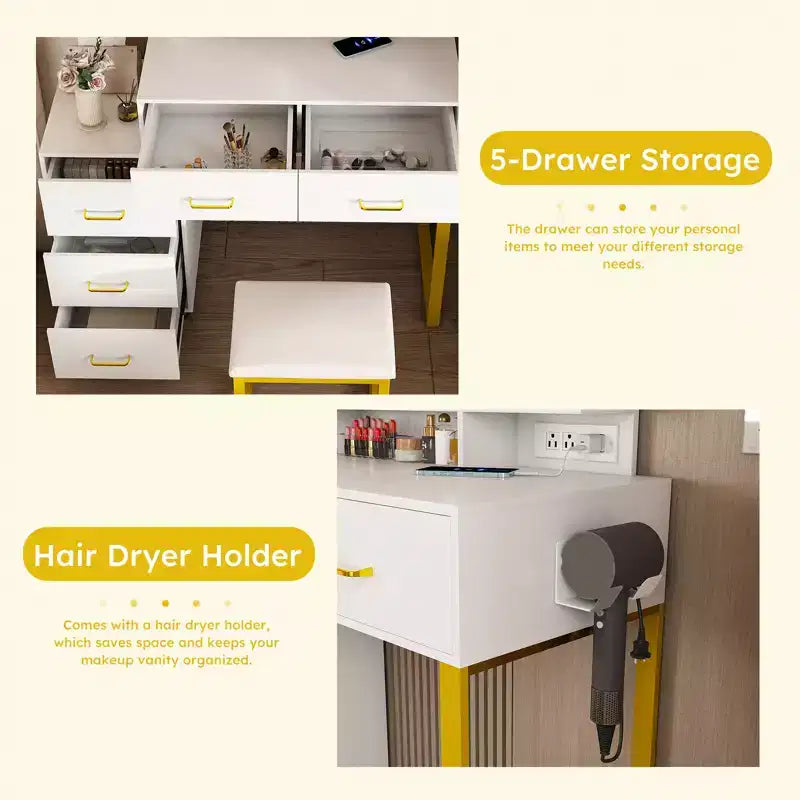 Coiffeuse de maquillage avec lumières LED 3 modes de couleur, table de toilette avec prise électrique, 5 tiroirs et chaise en métal pour chambre à coucher