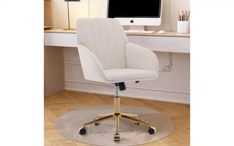 Chaise de bureau ergonomique de luxe, Fauteuil de bureau en velours avec piètement en métal plaqué or, Chaise de vanité pivotante réglable