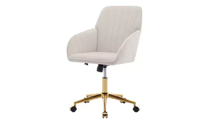 Chaise de bureau ergonomique de luxe, Fauteuil de bureau en velours avec piètement en métal plaqué or, Chaise de vanité pivotante réglable