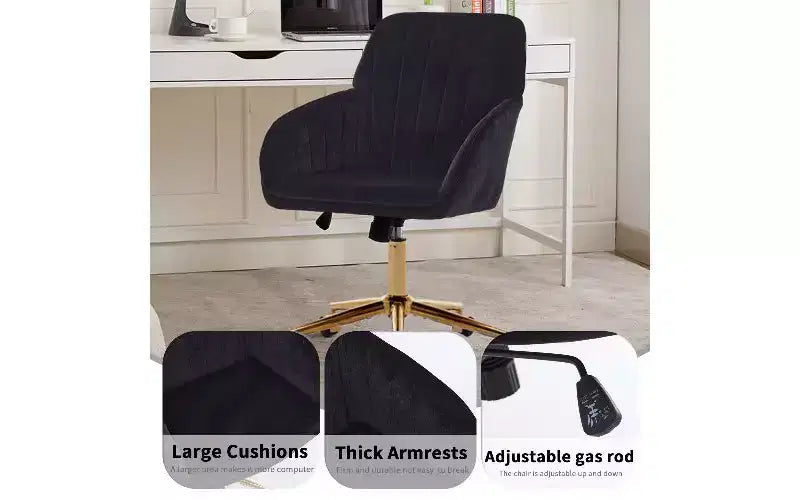 Chaise de bureau ergonomique de luxe, Fauteuil de bureau en velours avec piètement en métal plaqué or, Chaise de vanité pivotante réglable