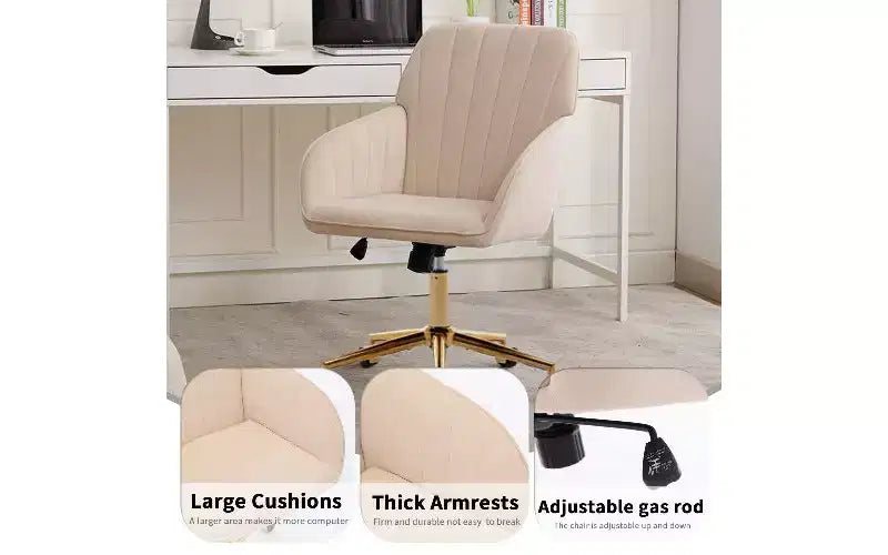 Chaise de bureau ergonomique de luxe, Fauteuil de bureau en velours avec piètement en métal plaqué or, Chaise de vanité pivotante réglable