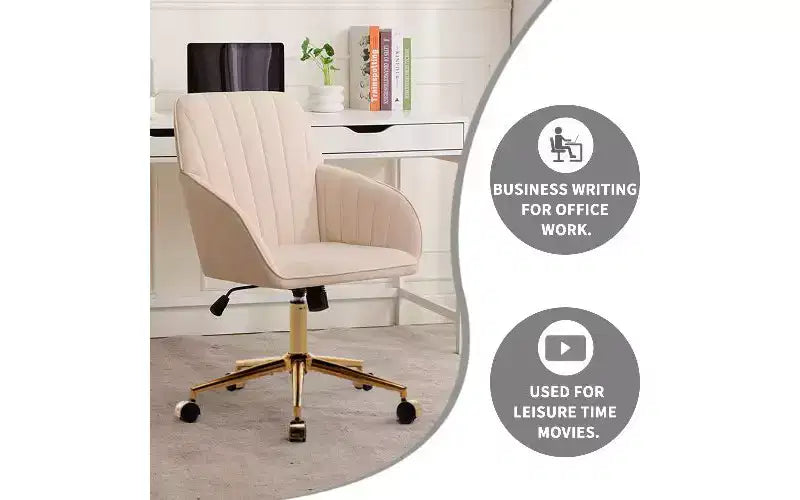 Chaise de bureau ergonomique de luxe, Fauteuil de bureau en velours avec piètement en métal plaqué or, Chaise de vanité pivotante réglable