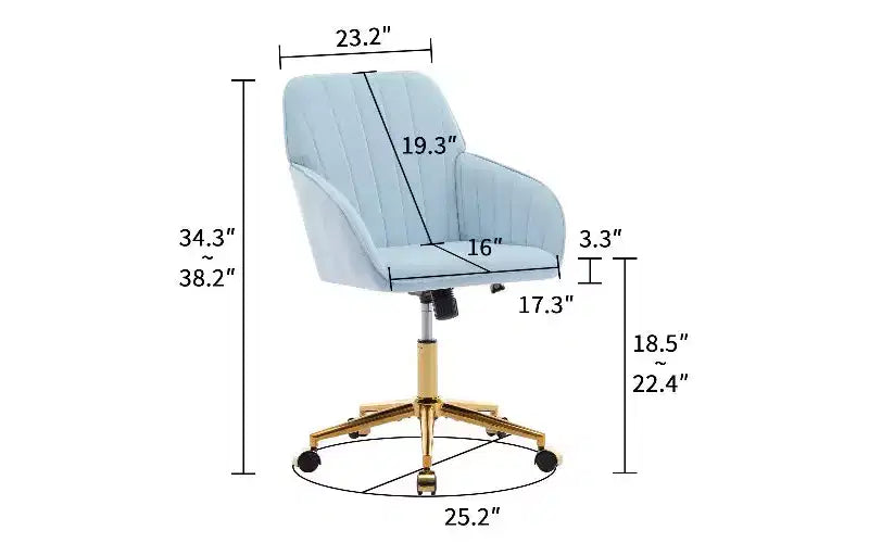 Chaise de bureau ergonomique de luxe, Fauteuil de bureau en velours avec piètement en métal plaqué or, Chaise de vanité pivotante réglable