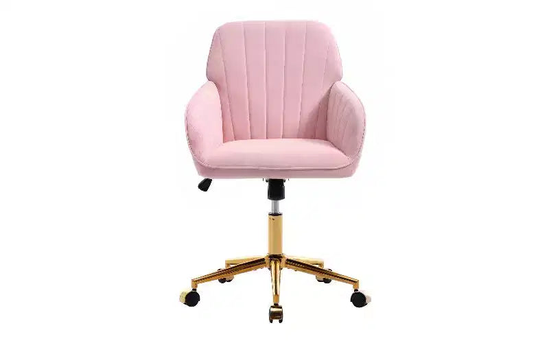 Chaise de bureau ergonomique de luxe, Fauteuil de bureau en velours avec piètement en métal plaqué or, Chaise de vanité pivotante réglable