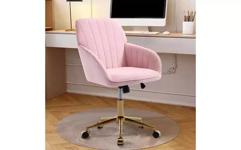 Chaise de bureau ergonomique de luxe, Fauteuil de bureau en velours avec piètement en métal plaqué or, Chaise de vanité pivotante réglable