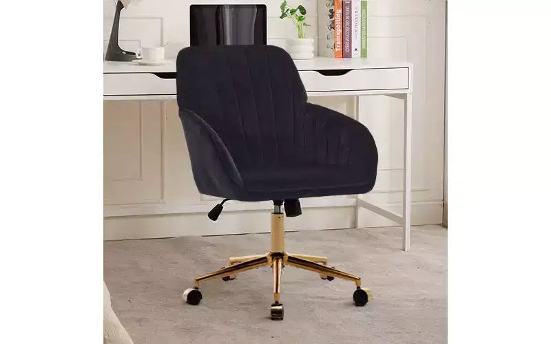 Chaise de bureau ergonomique de luxe, Fauteuil de bureau en velours avec piètement en métal plaqué or, Chaise de vanité pivotante réglable