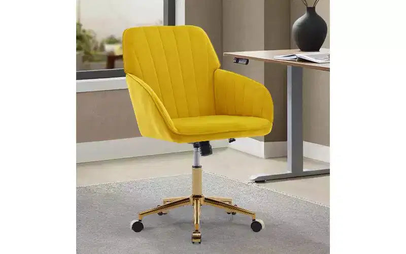 Chaise de bureau ergonomique de luxe, Fauteuil de bureau en velours avec piètement en métal plaqué or, Chaise de vanité pivotante réglable