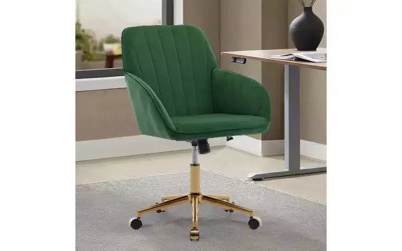 Chaise de bureau ergonomique de luxe, Fauteuil de bureau en velours avec piètement en métal plaqué or, Chaise de vanité pivotante réglable
