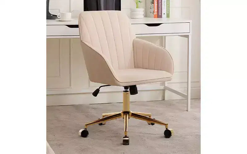 Chaise de bureau ergonomique de luxe, Fauteuil de bureau en velours avec piètement en métal plaqué or, Chaise de vanité pivotante réglable
