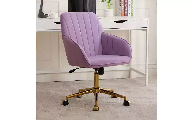 Chaise de bureau ergonomique de luxe, Fauteuil de bureau en velours avec piètement en métal plaqué or, Chaise de vanité pivotante réglable