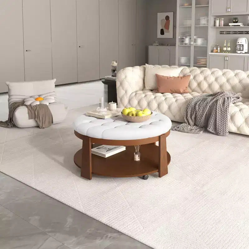 Table basse ottomane ronde, grande table basse rembourrée à 2 niveaux avec boutons touffetés et roulettes, repose-pieds ottoman en tissu imperméable pour salon