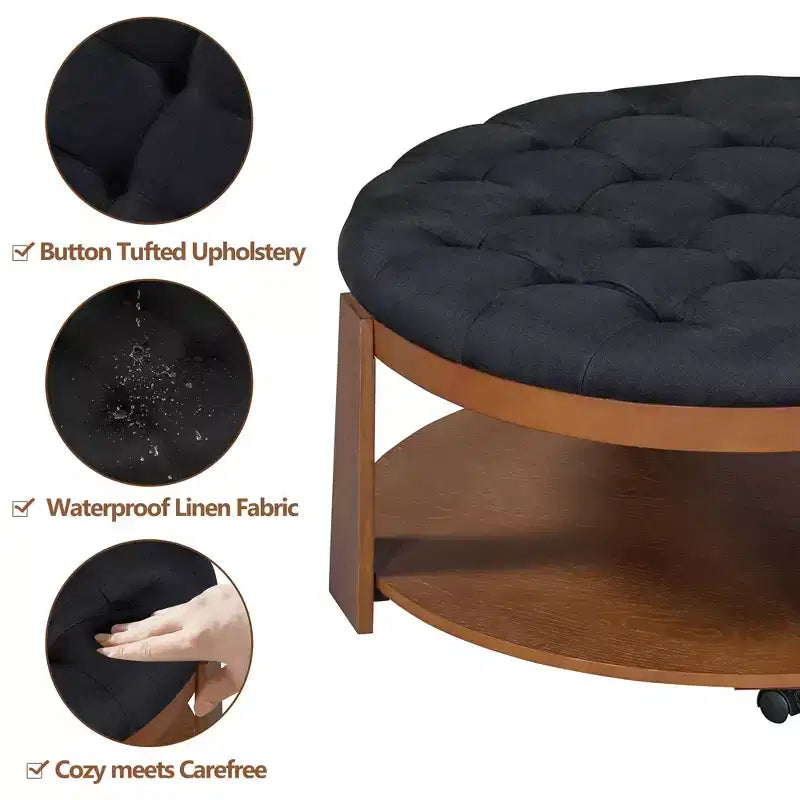 Table basse ottomane ronde, grande table basse rembourrée à 2 niveaux avec boutons touffetés et roulettes, repose-pieds ottoman en tissu imperméable pour salon