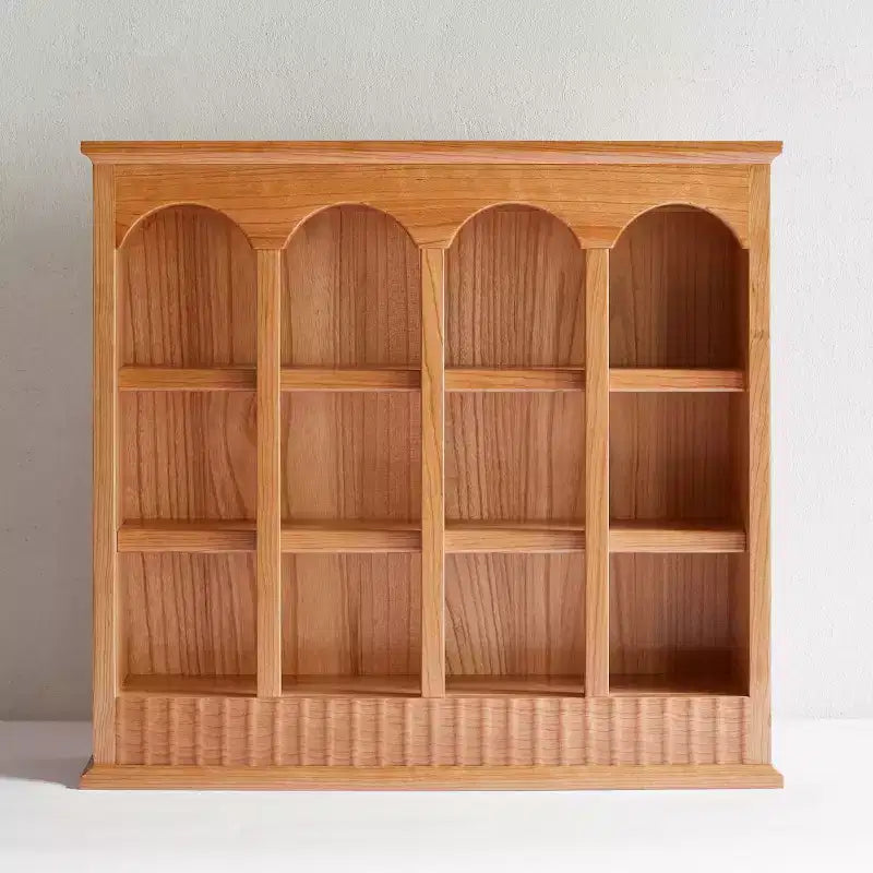 Meuble de rangement vintage en bois de cerisier massif avec casiers, étagères de cuisine à poser avec niches cintrées pour épices ou tasses à thé