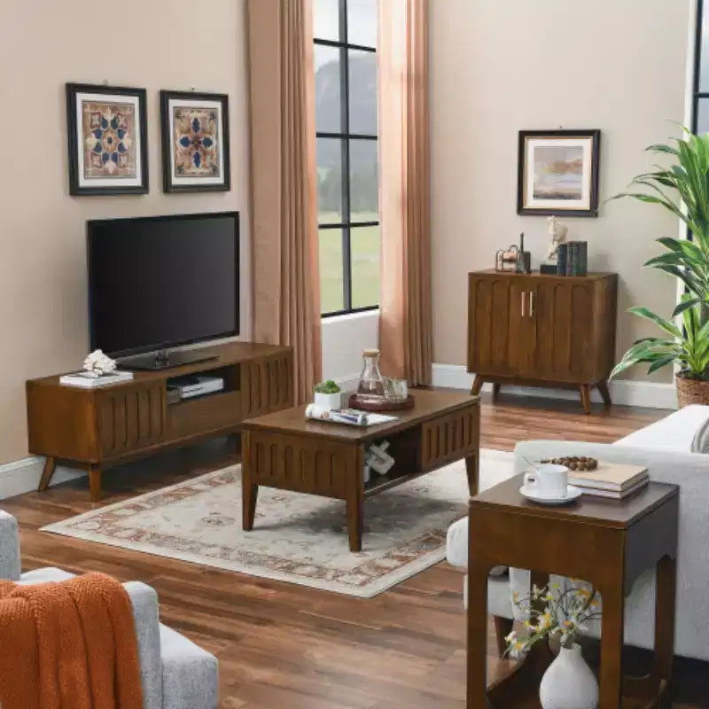 Armoire d'appoint cannelée Mid-Century Modern de 32 pouces avec 2 petites portes, pieds en bois massif et poignées dorées