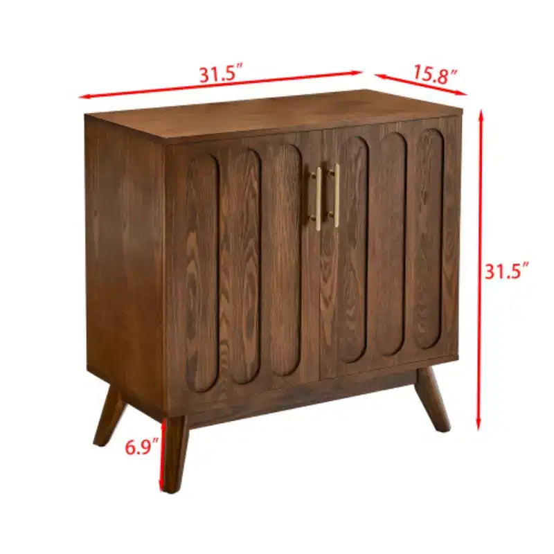 Armoire d'appoint cannelée Mid-Century Modern de 32 pouces avec 2 petites portes, pieds en bois massif et poignées dorées
