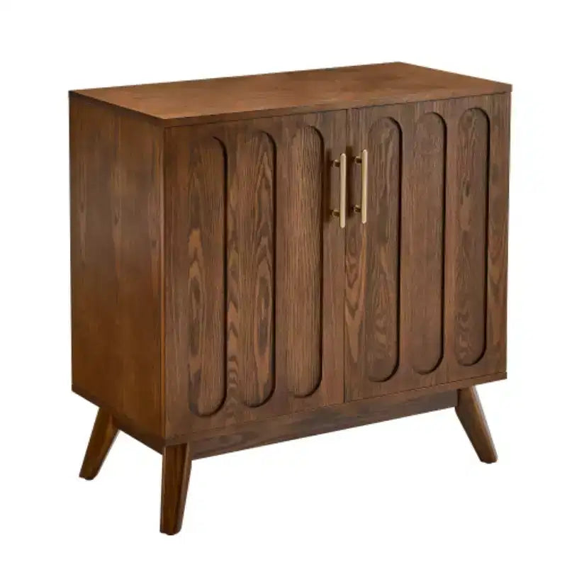Armoire d'appoint cannelée Mid-Century Modern de 32 pouces avec 2 petites portes, pieds en bois massif et poignées dorées
