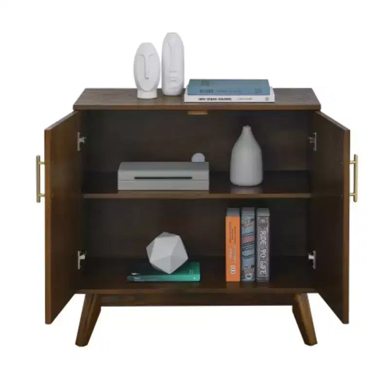 Armoire d'appoint cannelée Mid-Century Modern de 32 pouces avec 2 petites portes, pieds en bois massif et poignées dorées