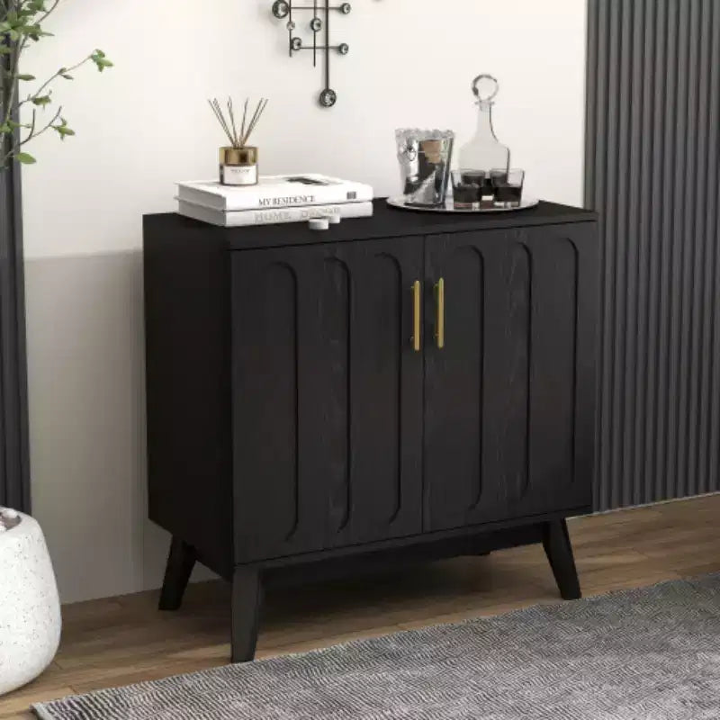 Armoire d'appoint cannelée Mid-Century Modern de 32 pouces avec 2 petites portes, pieds en bois massif et poignées dorées