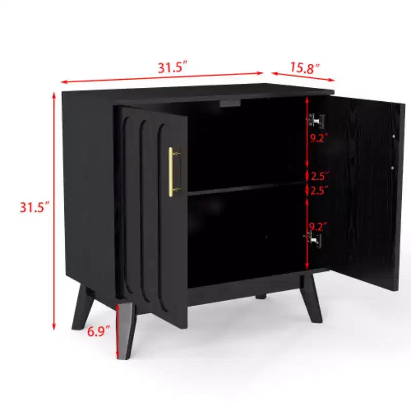 Armoire d'appoint cannelée Mid-Century Modern de 32 pouces avec 2 petites portes, pieds en bois massif et poignées dorées