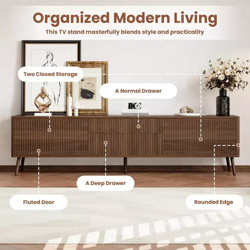 Meuble TV encastré moderne de 70 pouces avec tiroirs de rangement, adapté aux téléviseurs de moins de 80 pouces, idéal pour les salons