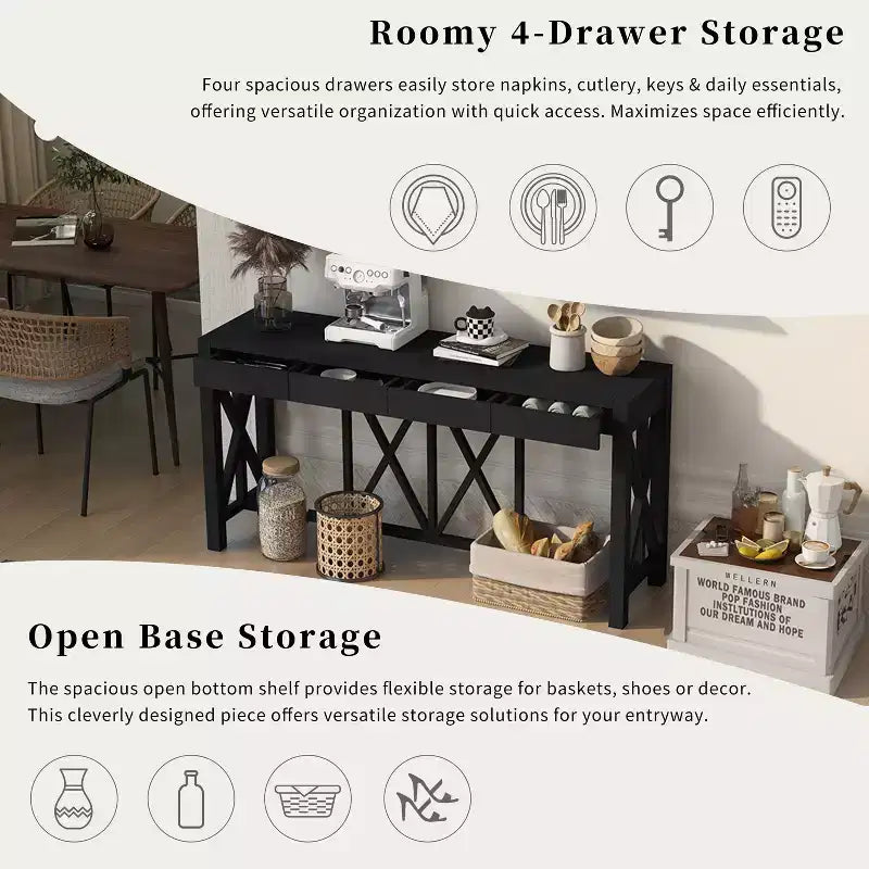 Console de 60 pouces en bois d'acacia avec 4 tiroirs, table d'entrée de style rustique avec pieds en X, table de canapé étroite pour salon, cuisine, couloir