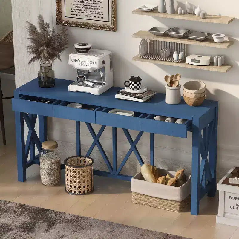 Console de 60 pouces en bois d'acacia avec 4 tiroirs, table d'entrée de style rustique avec pieds en X, table de canapé étroite pour salon, cuisine, couloir