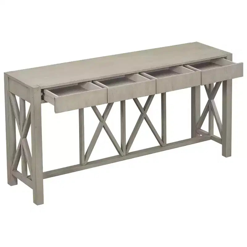 Console de 60 pouces en bois d'acacia avec 4 tiroirs, table d'entrée de style rustique avec pieds en X, table de canapé étroite pour salon, cuisine, couloir