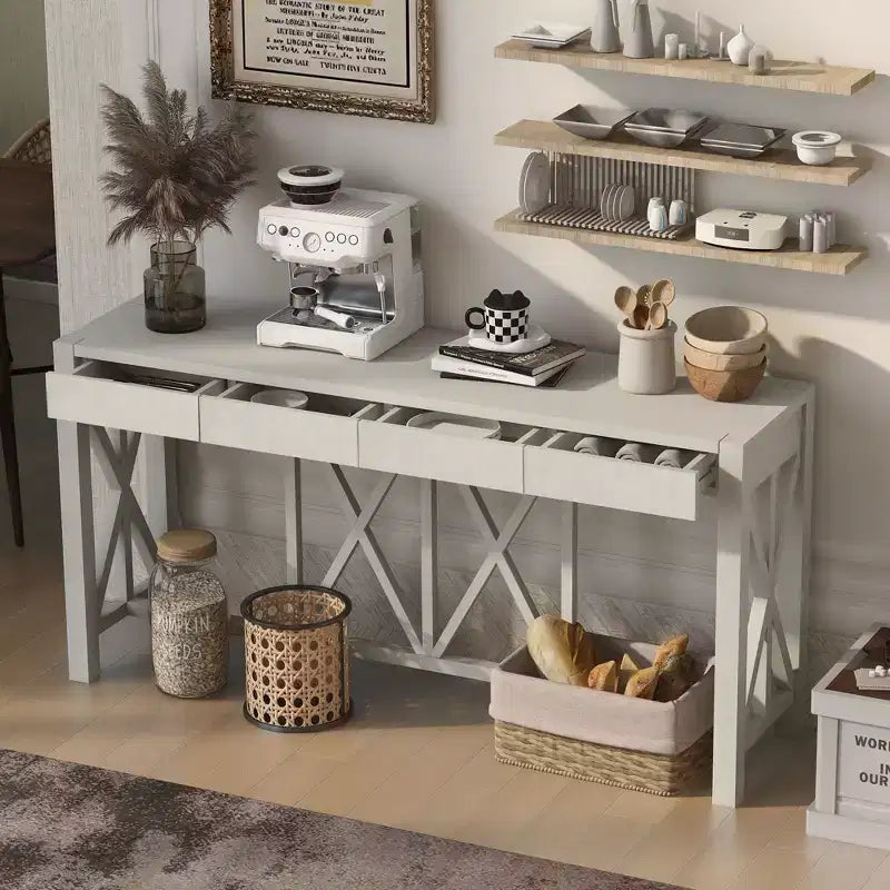 Console de 60 pouces en bois d'acacia avec 4 tiroirs, table d'entrée de style rustique avec pieds en X, table de canapé étroite pour salon, cuisine, couloir