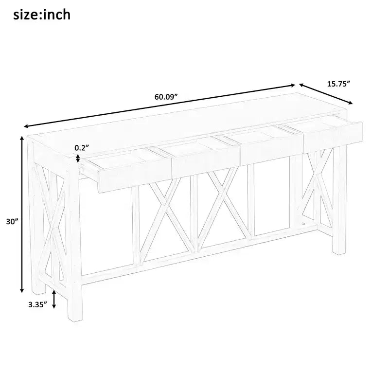 Console de 60 pouces en bois d'acacia avec 4 tiroirs, table d'entrée de style rustique avec pieds en X, table de canapé étroite pour salon, cuisine, couloir
