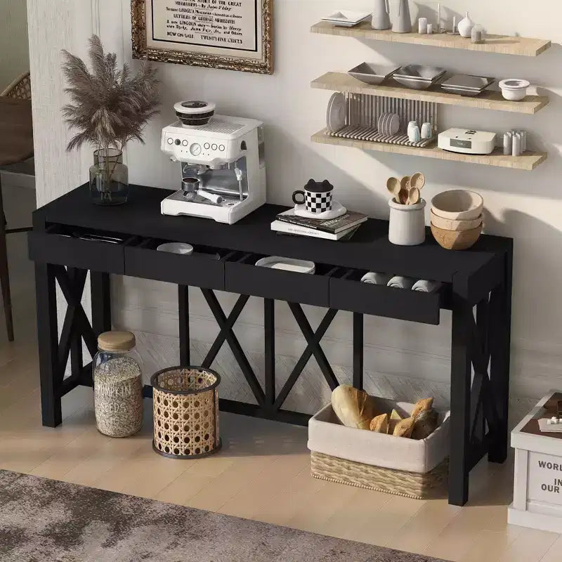 Console de 60 pouces en bois d'acacia avec 4 tiroirs, table d'entrée de style rustique avec pieds en X, table de canapé étroite pour salon, cuisine, couloir