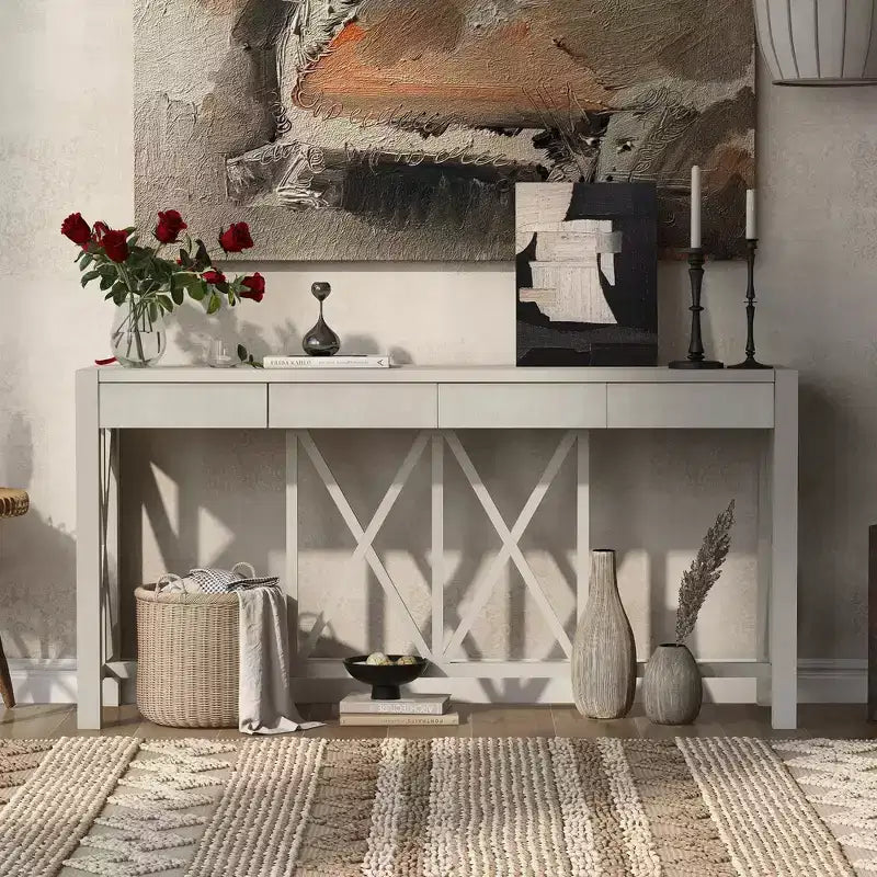 Console de 60 pouces en bois d'acacia avec 4 tiroirs, table d'entrée de style rustique avec pieds en X, table de canapé étroite pour salon, cuisine, couloir