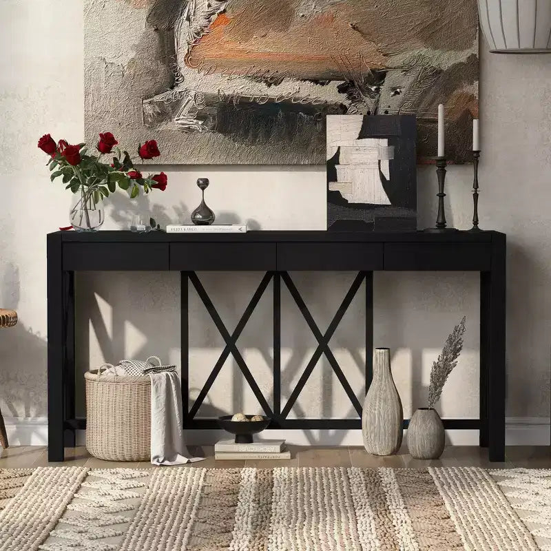 Console de 60 pouces en bois d'acacia avec 4 tiroirs, table d'entrée de style rustique avec pieds en X, table de canapé étroite pour salon, cuisine, couloir