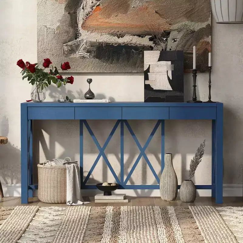Console de 60 pouces en bois d'acacia avec 4 tiroirs, table d'entrée de style rustique avec pieds en X, table de canapé étroite pour salon, cuisine, couloir