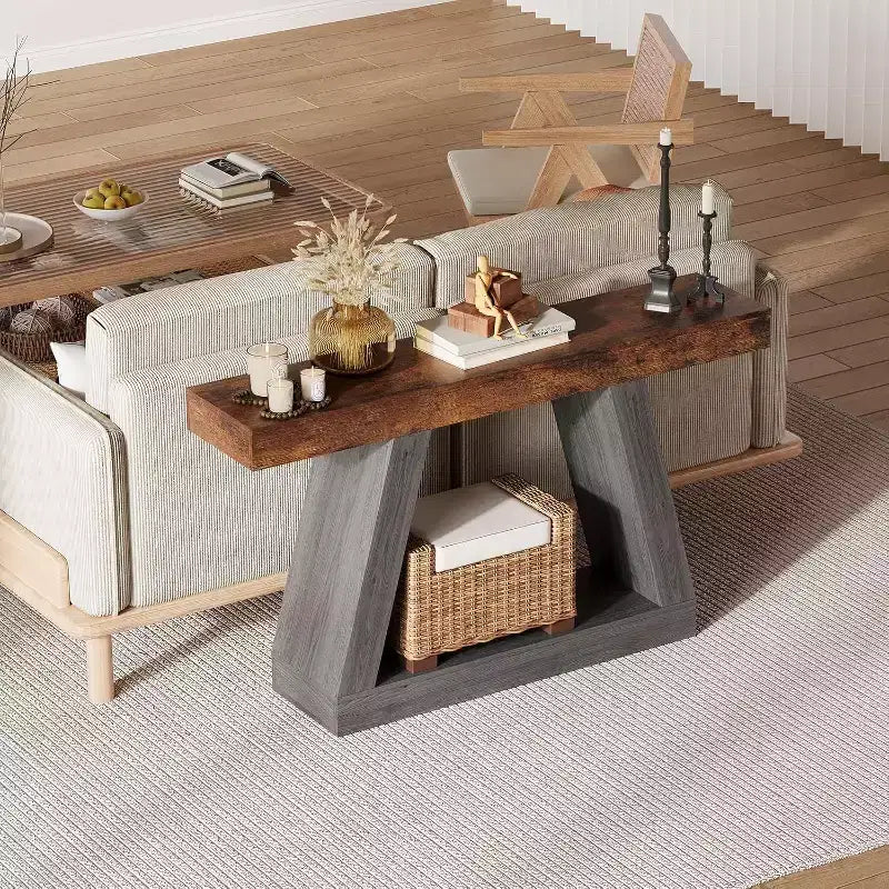 Console avec étagère ouverte, table de canapé en bois à 2 niveaux pour entrée, couloir et salon - Meuble d'entrée au design trapézoïdal