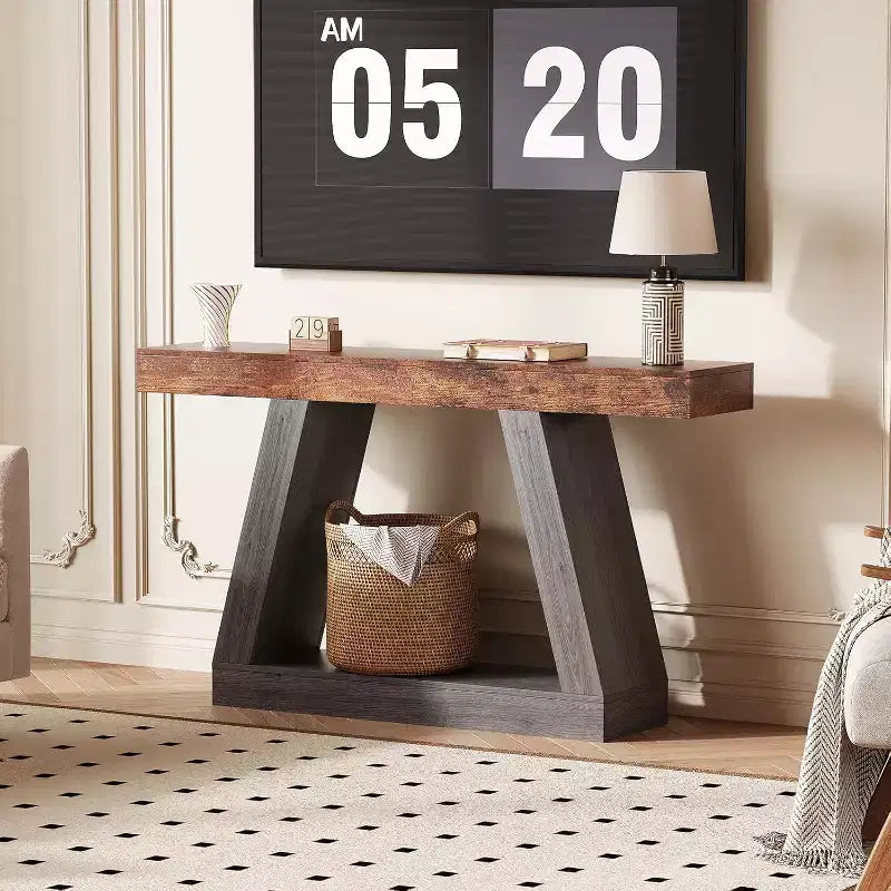 Console avec étagère ouverte, table de canapé en bois à 2 niveaux pour entrée, couloir et salon - Meuble d'entrée au design trapézoïdal