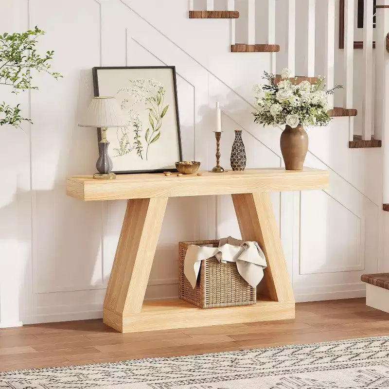 Console avec étagère ouverte, table de canapé en bois à 2 niveaux pour entrée, couloir et salon - Meuble d'entrée au design trapézoïdal