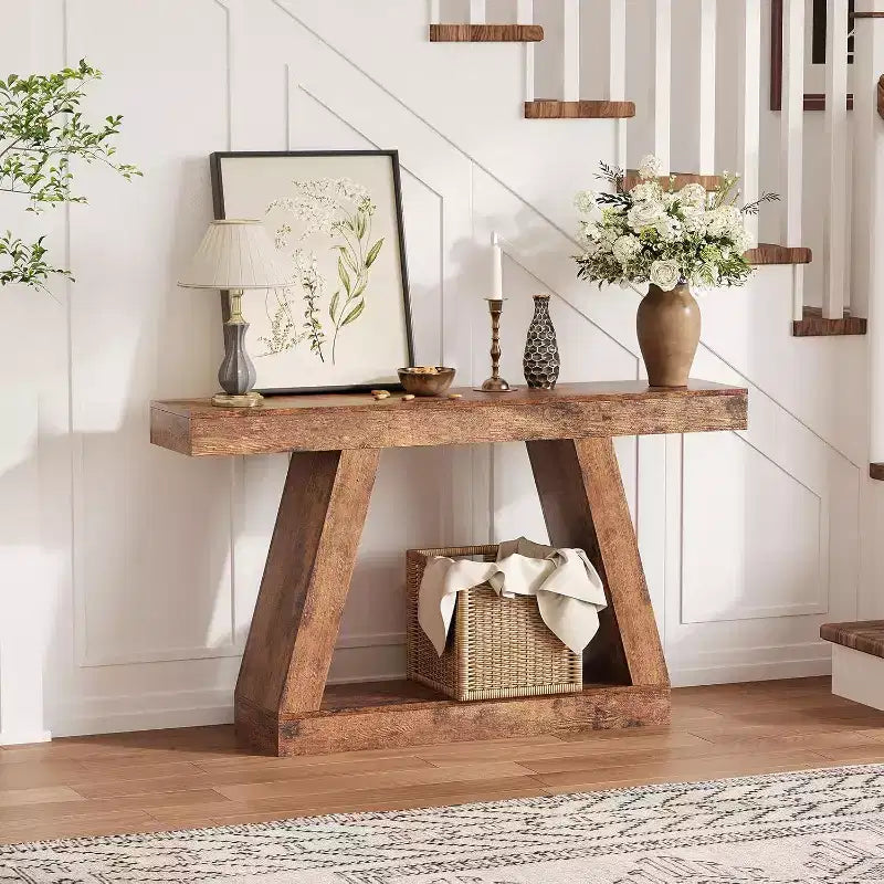 Console avec étagère ouverte, table de canapé en bois à 2 niveaux pour entrée, couloir et salon - Meuble d'entrée au design trapézoïdal