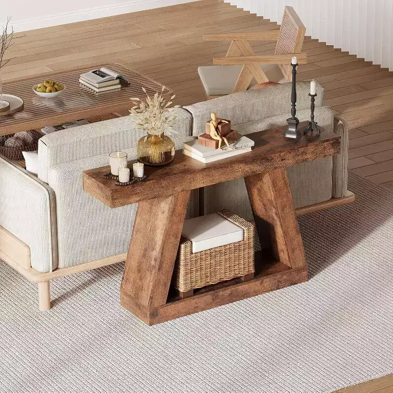 Console avec étagère ouverte, table de canapé en bois à 2 niveaux pour entrée, couloir et salon - Meuble d'entrée au design trapézoïdal