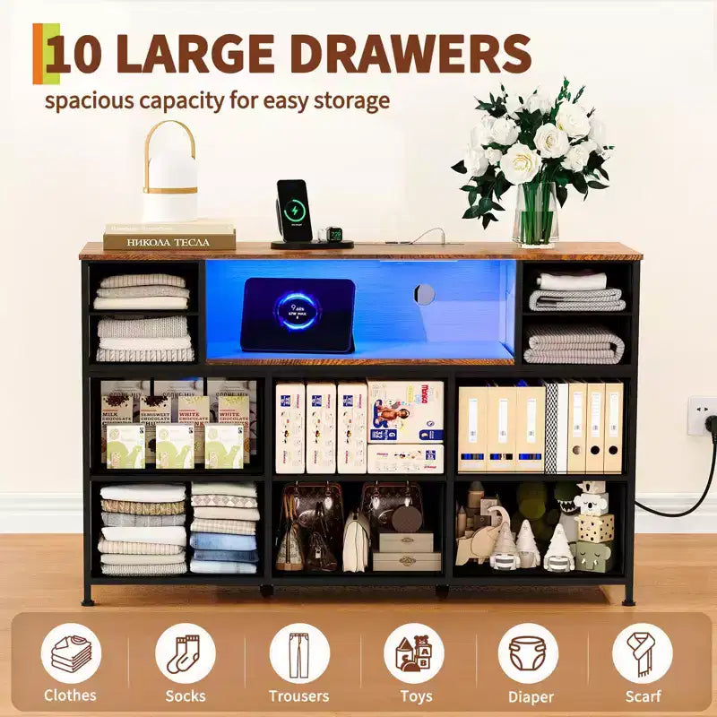 Commode de rangement à 10 tiroirs en tissu, meuble TV avec prise de courant et lumière LED pour téléviseurs de 45 à 55 pouces, commode avec plateau en bois pour chambre à coucher