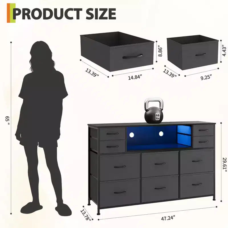 Commode de rangement à 10 tiroirs en tissu, meuble TV avec prise de courant et lumière LED pour téléviseurs de 45 à 55 pouces, commode avec plateau en bois pour chambre à coucher
