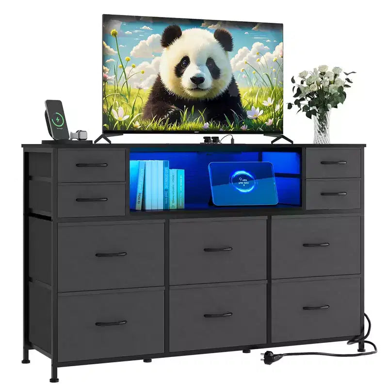 Commode de rangement à 10 tiroirs en tissu, meuble TV avec prise de courant et lumière LED pour téléviseurs de 45 à 55 pouces, commode avec plateau en bois pour chambre à coucher