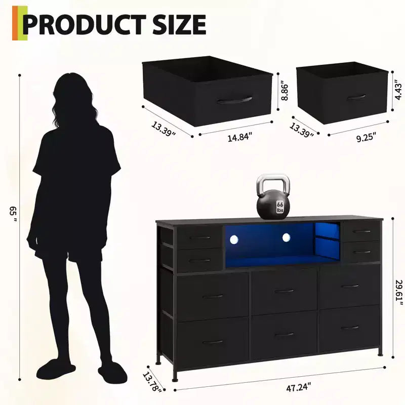 Commode de rangement à 10 tiroirs en tissu, meuble TV avec prise de courant et lumière LED pour téléviseurs de 45 à 55 pouces, commode avec plateau en bois pour chambre à coucher