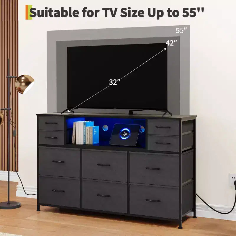 Commode de rangement à 10 tiroirs en tissu, meuble TV avec prise de courant et lumière LED pour téléviseurs de 45 à 55 pouces, commode avec plateau en bois pour chambre à coucher