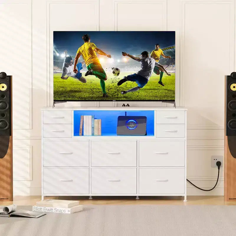 Commode de rangement à 10 tiroirs en tissu, meuble TV avec prise de courant et lumière LED pour téléviseurs de 45 à 55 pouces, commode avec plateau en bois pour chambre à coucher