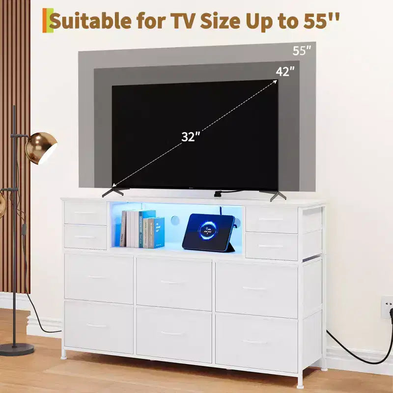 Commode de rangement à 10 tiroirs en tissu, meuble TV avec prise de courant et lumière LED pour téléviseurs de 45 à 55 pouces, commode avec plateau en bois pour chambre à coucher