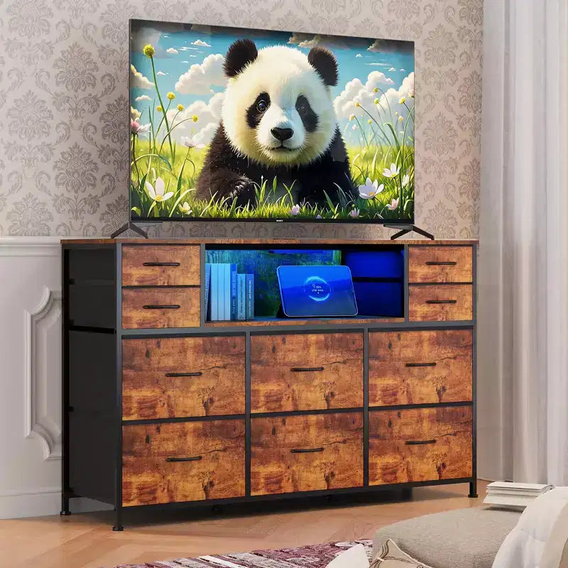 Commode de rangement à 10 tiroirs en tissu, meuble TV avec prise de courant et lumière LED pour téléviseurs de 45 à 55 pouces, commode avec plateau en bois pour chambre à coucher
