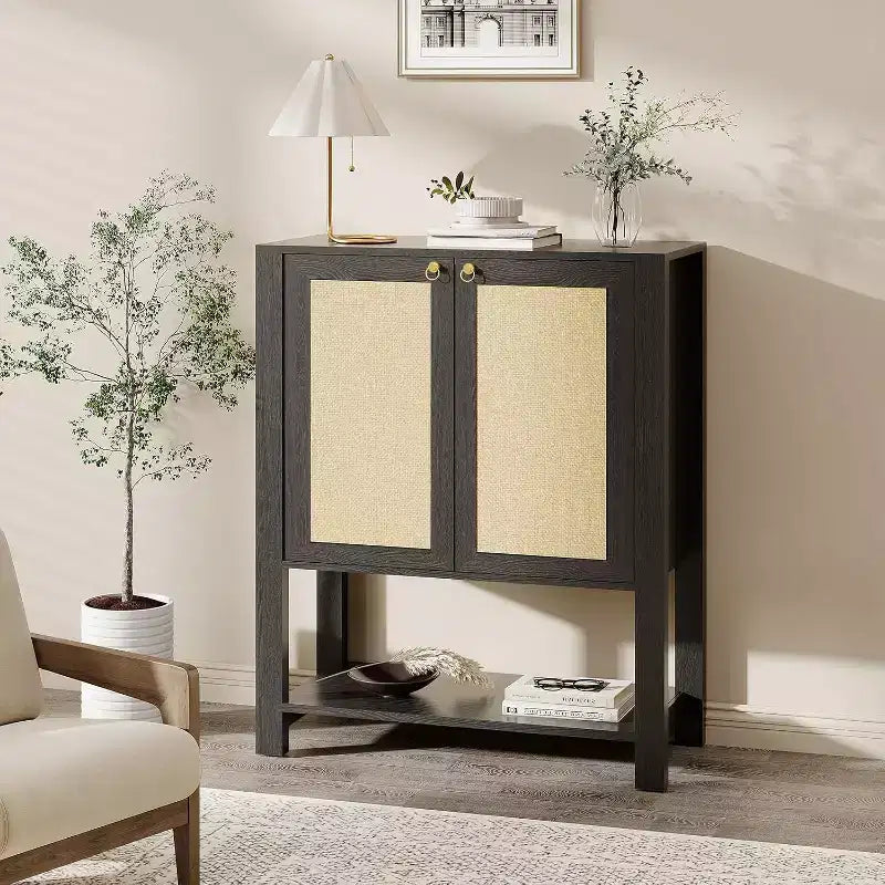 Meuble à chaussures en rotin pour entrée, étagère de rangement de ferme à 5 niveaux, armoire à chaussures étroite avec 2 portes et étagère ouverte pour couloir et salon